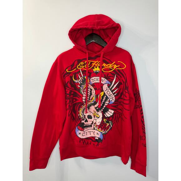 Ed Hardy New York Hoodie Mens Red Eagle Snake Skull Pullover Red Sz L - Picture 1 of 11